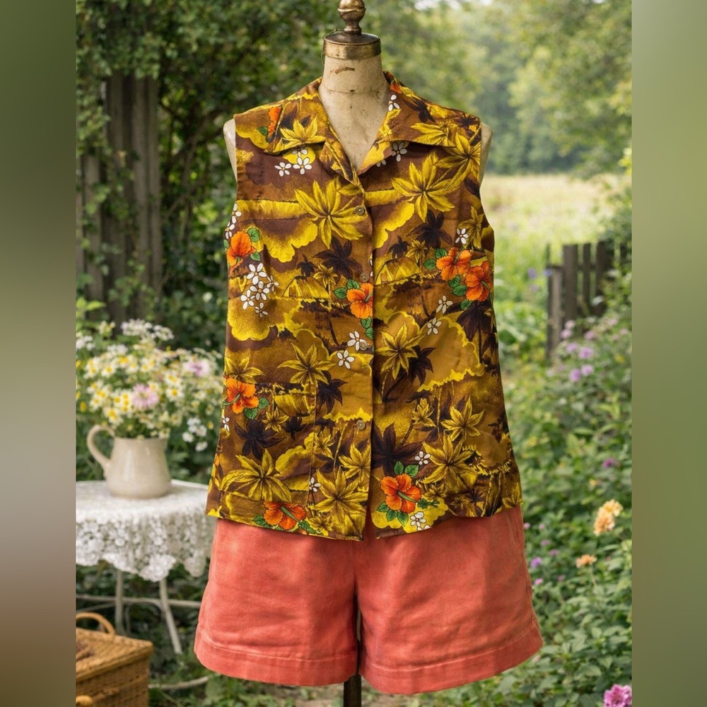 Vintage 1970s Royal Hawaiian sleeveless Hawaiian Print Blouse Made in Hawaii